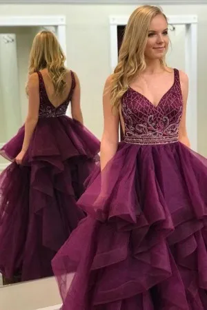 V neck beaded plum flounced tulle prom ball gown V neck beaded plum flounced tulle prom ball gown