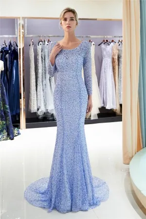 luxury blue fully beading sleeved mermaid evening dress luxury blue fully beading sleeved mermaid evening dress
